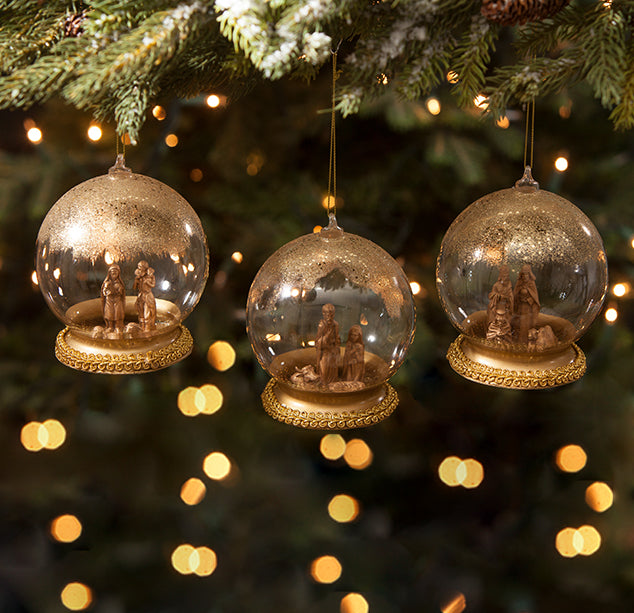 Nativity Globe Ornaments with Nativity Scenes - Gold