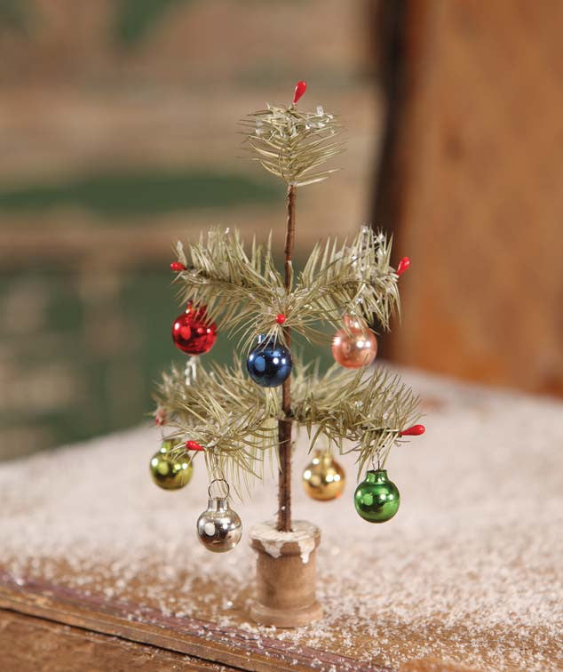 Old Fashioned Tiny Christmas Feather Tree with Ornaments and Spool Base