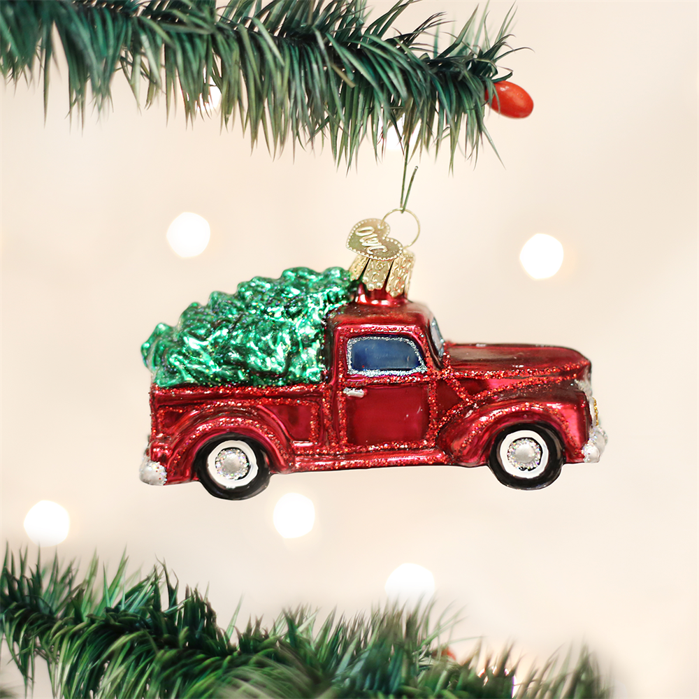 Old Red Truck with Christmas Tree Ornament