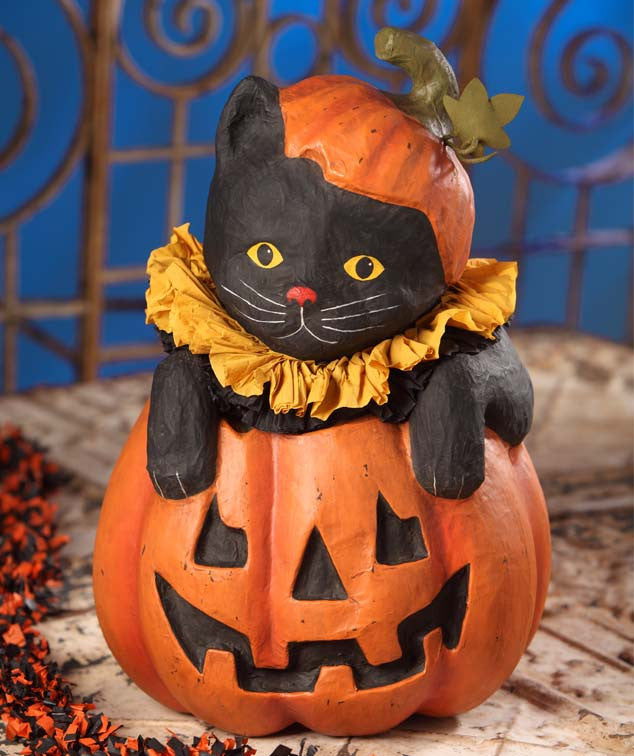 Halloween Paper Mache Cat in Pumpkin