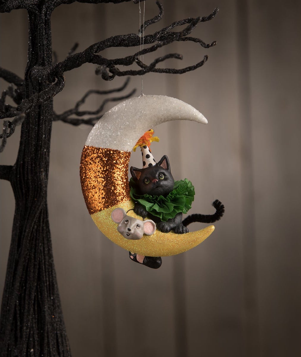Party Kitty on Candy Corn Moon Ornament by Bethany Lowe