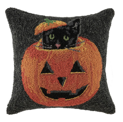 Peek-A-Boo Pumpkin Cat Pillow - Hooked Halloween Decor