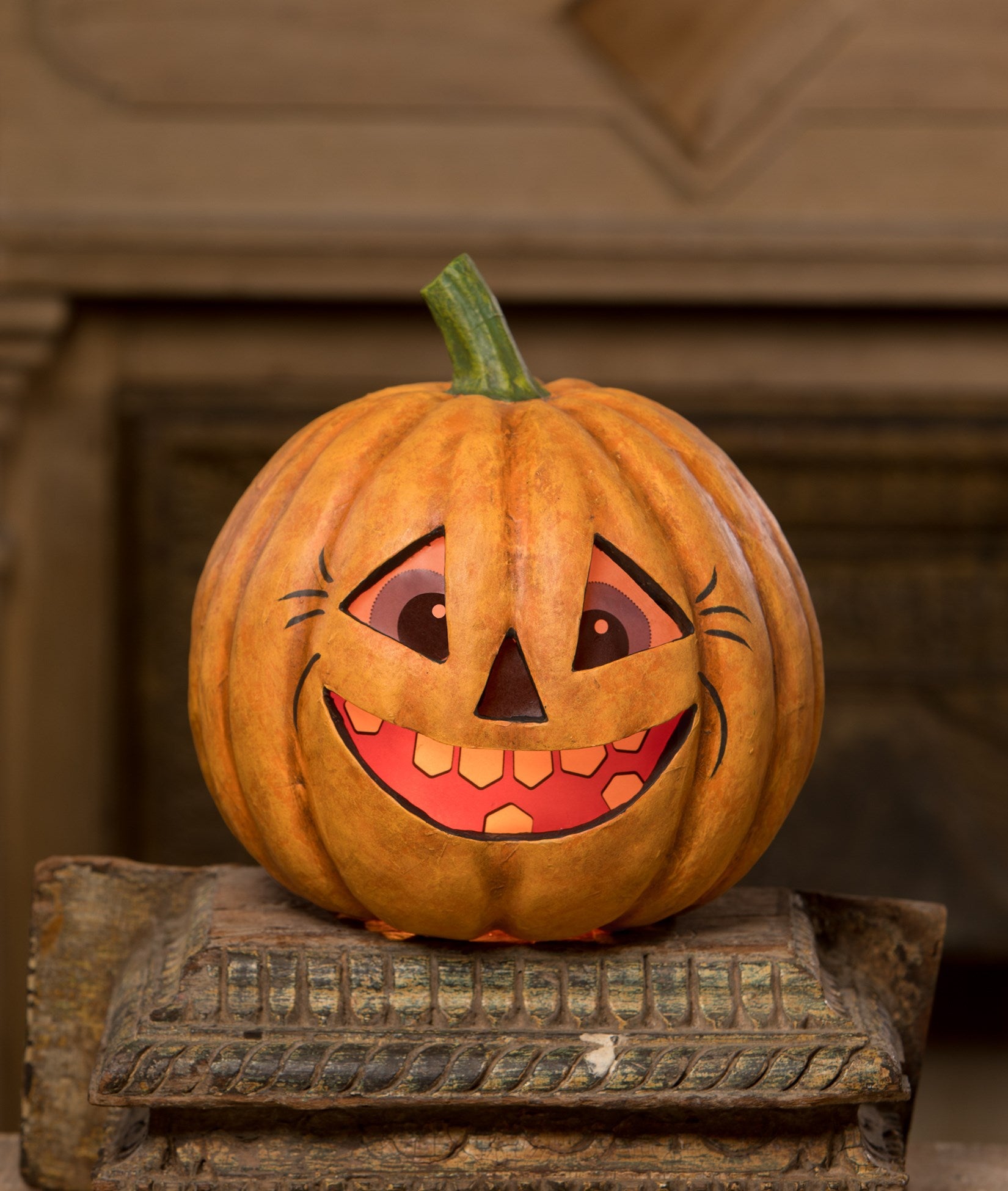 Perky Pumpkin Luminary, Paper mache Jack-O-Lantern with Vellum eyes and mouth