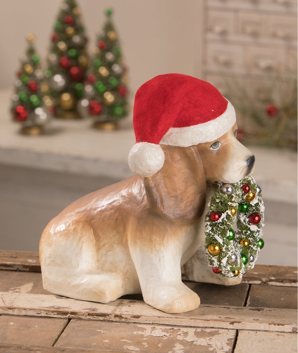 Christmas Dog with Wreath, Paper Mache