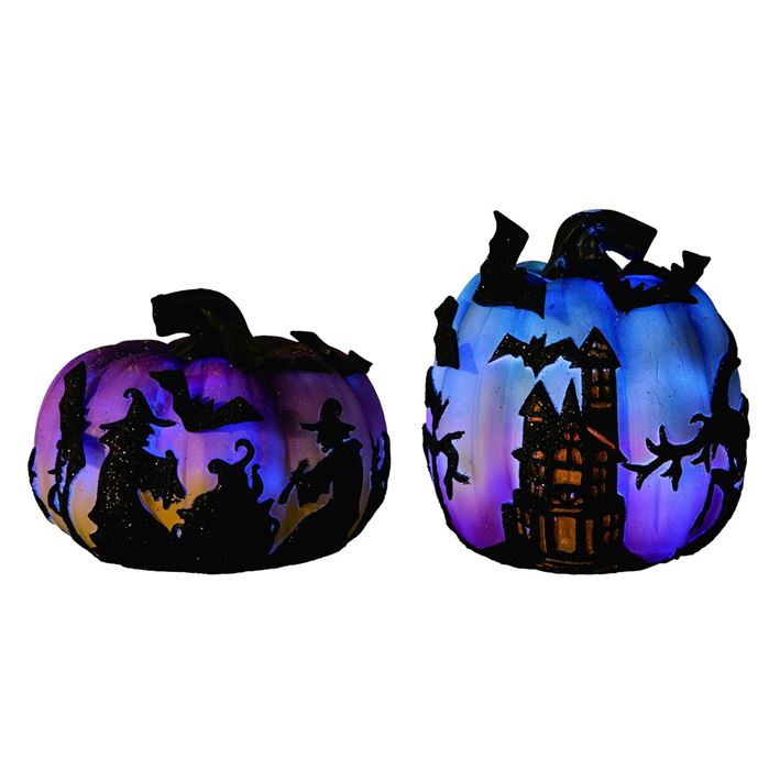 Pumpkins with Halloween Silhouettes, Light Up, Purple Halloween ...
