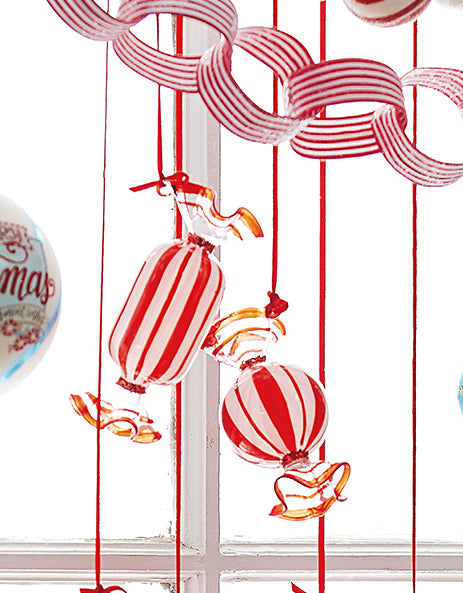 Red & White Striped Candy Glass Ornaments