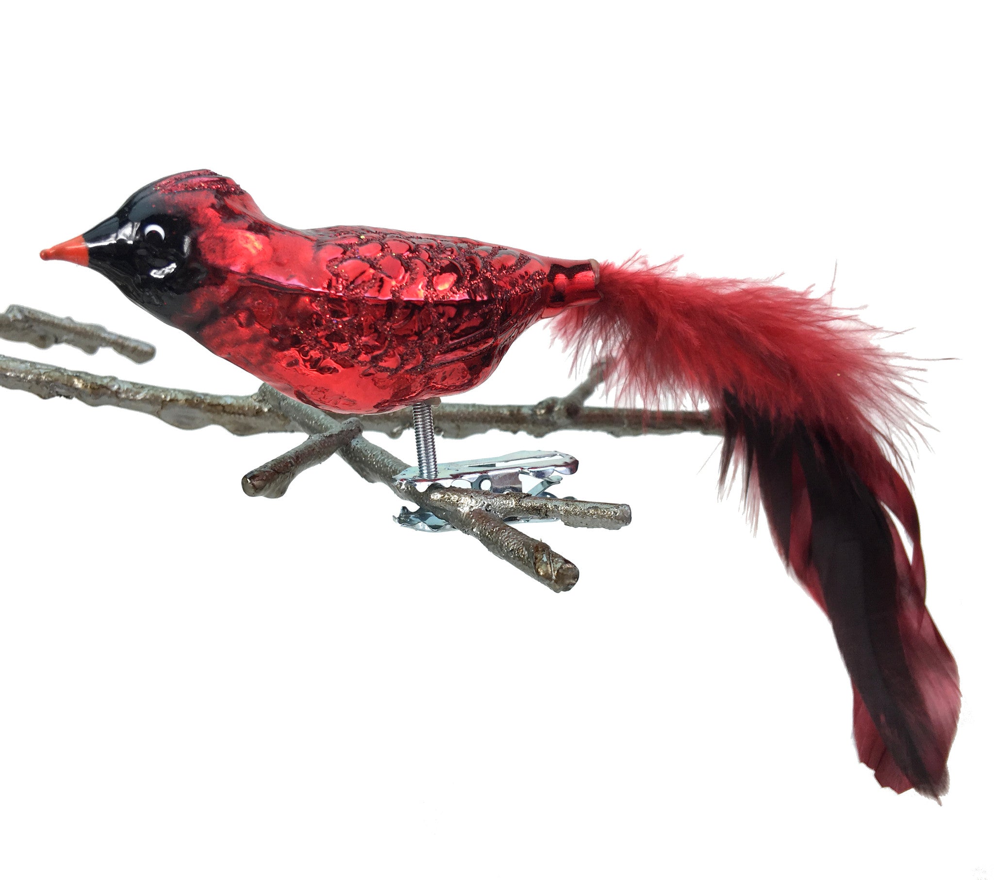 Glass Red Cardinal Clip-On Ornament with Feathers made in Germany