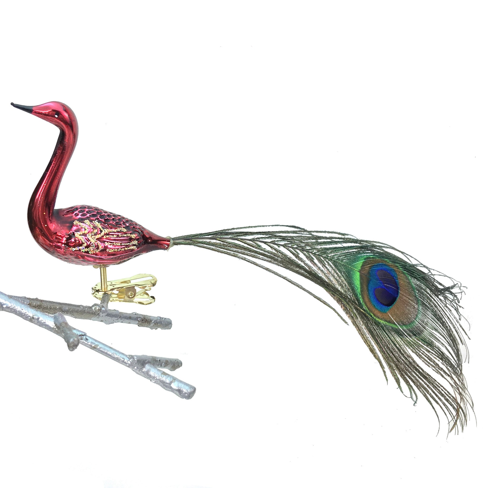 Red Peacock with Feather Tail Ornament Clip Made in Germany