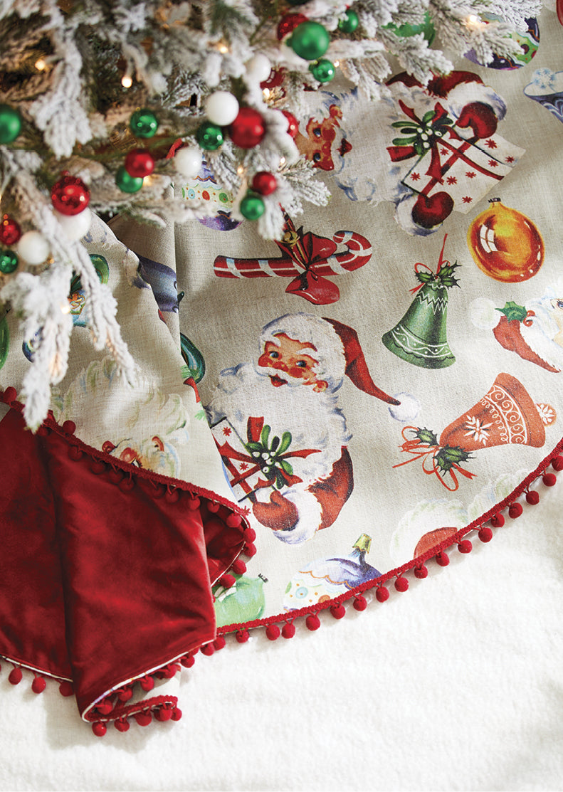 Retro Christmas Tree Skirt with Vintage Images and Pom Poms