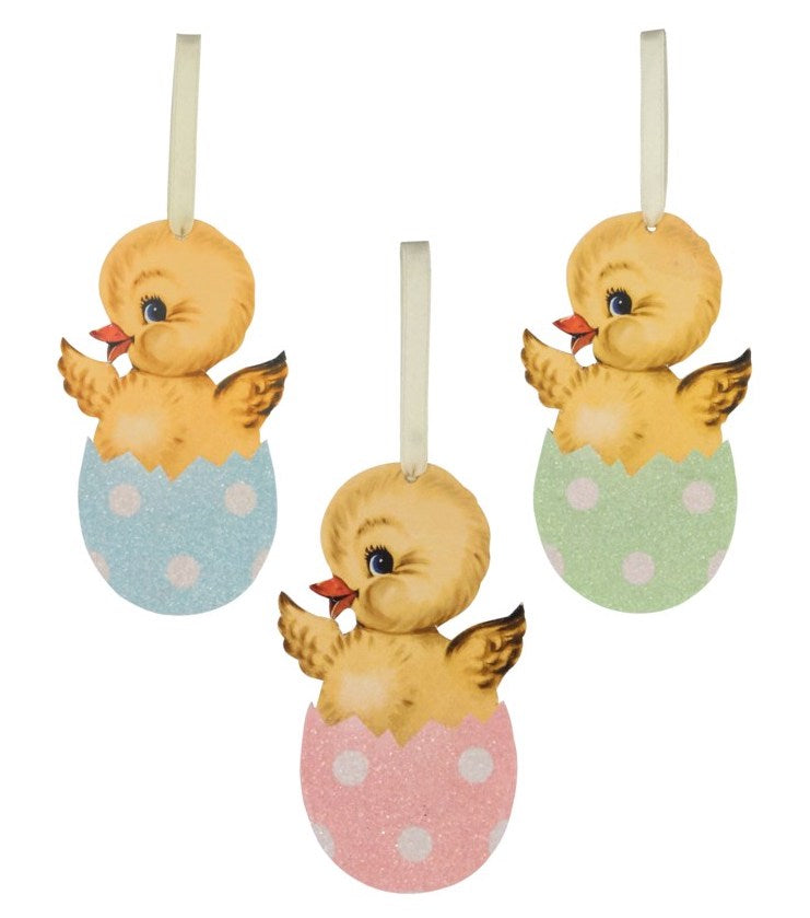 Retro Easter Chicks in Polka Dot Egg Ornaments