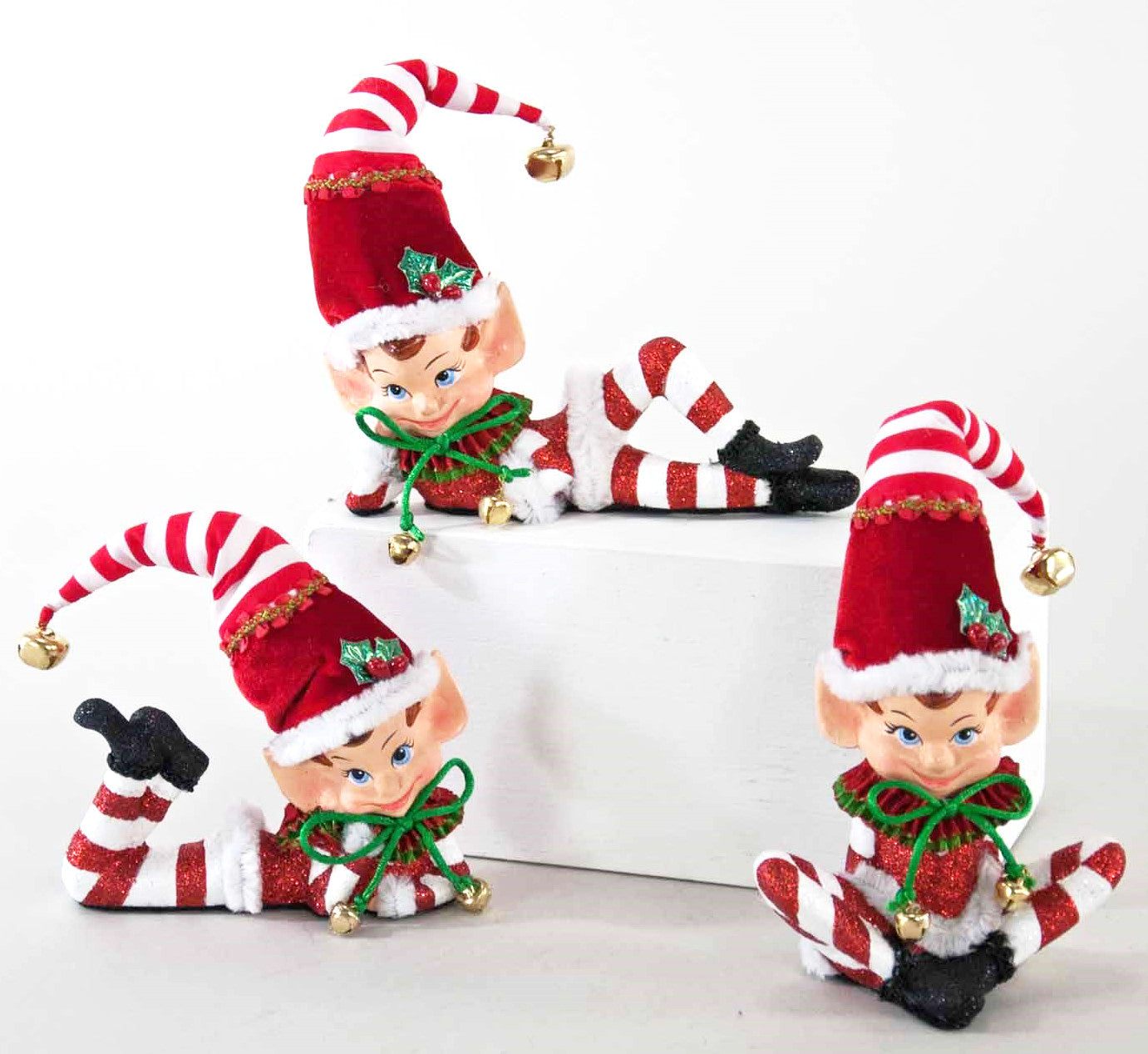 Retro Elf Ornaments with Red and White Stripes Retro Christmas Decor Christmas Elves Decorations