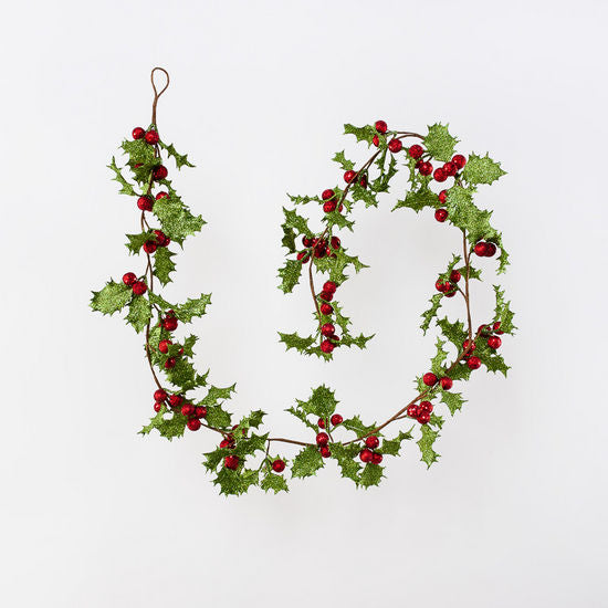 Retro Glittered Holly Garland - TheHolidayBarn.com