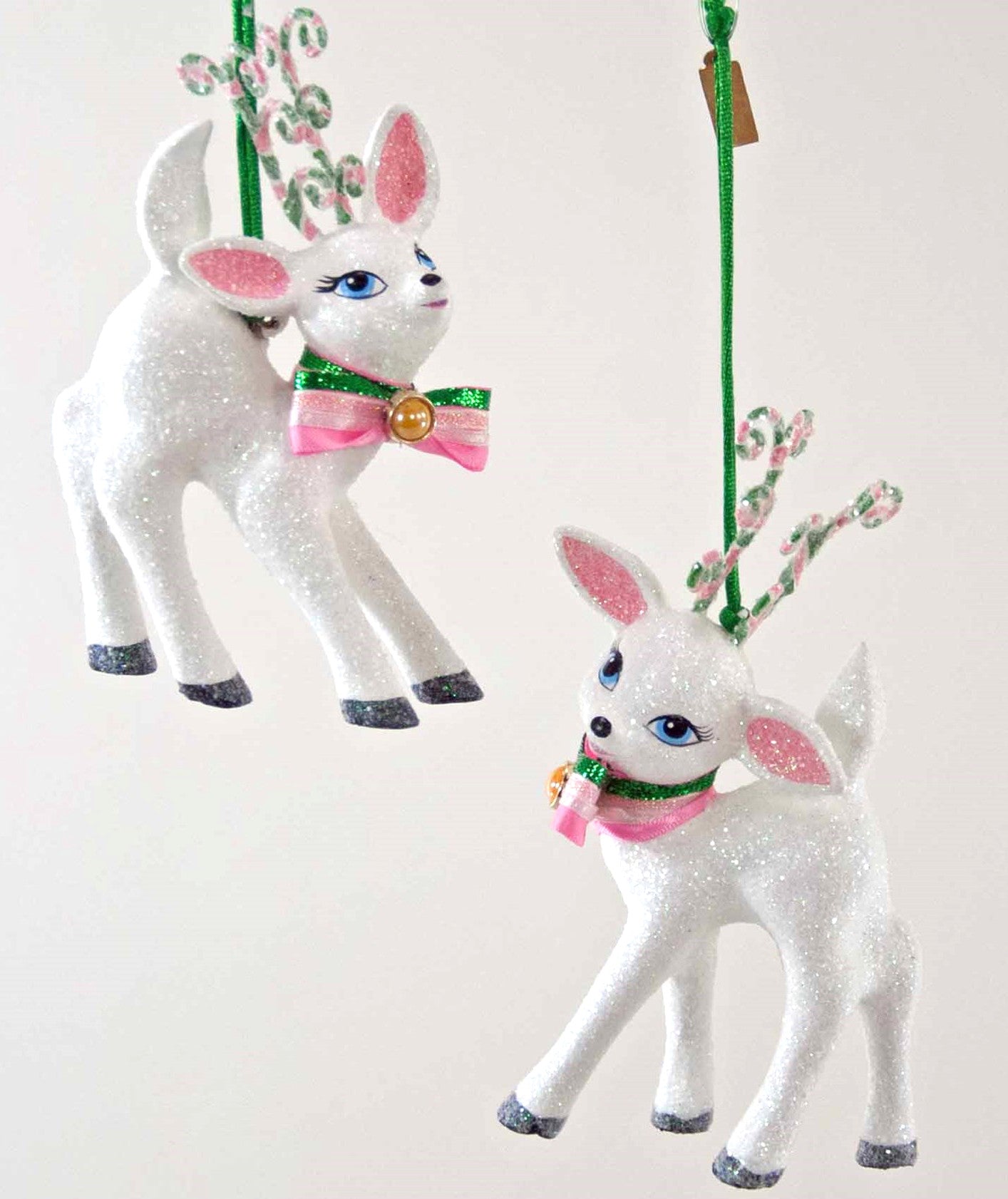 Sweet Retro Reindeer Ornaments- White Deer with Pink and Green Bows