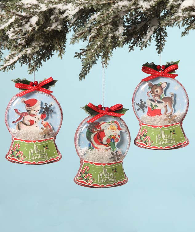 Retro Christmas Snowglobe Ornaments with Santa, Reindeer & Snowman