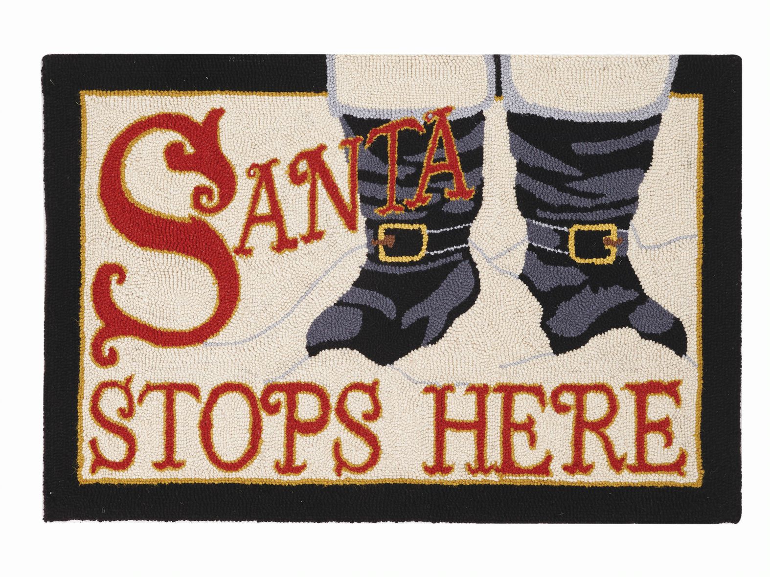 Santa Stops Here Hooked Rug with Santa Boots - TheHolidayBarn.com