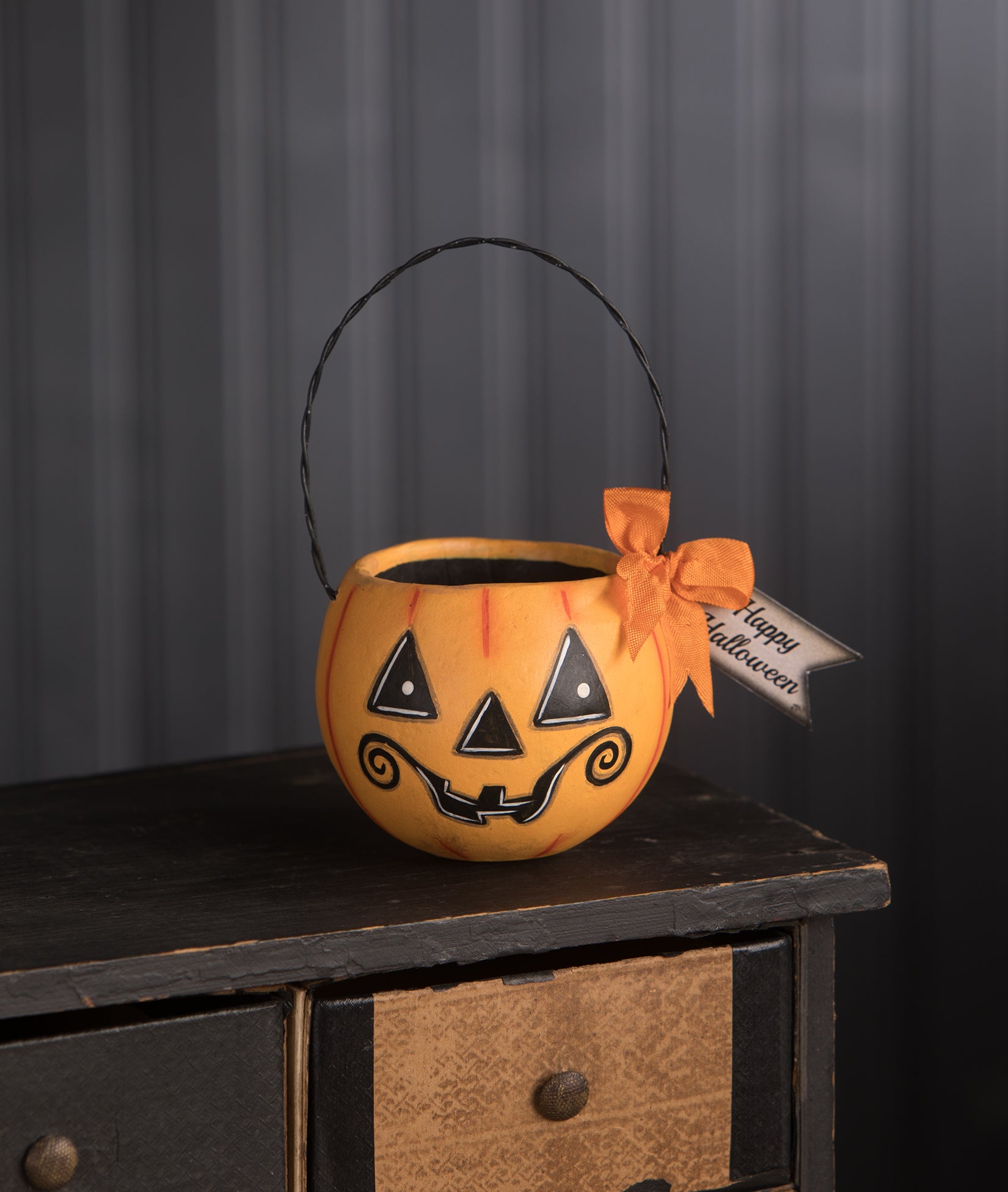 Small Yellow Orange Pumpkin Bucket with Happy Halloween tag 