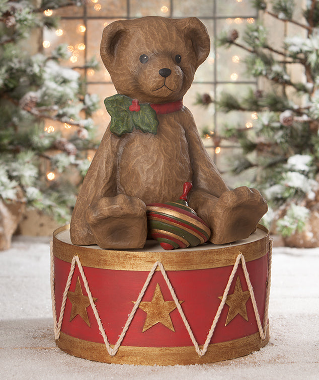 Bethany Lowe Teddy Bear on Drum - Large Paper Mache