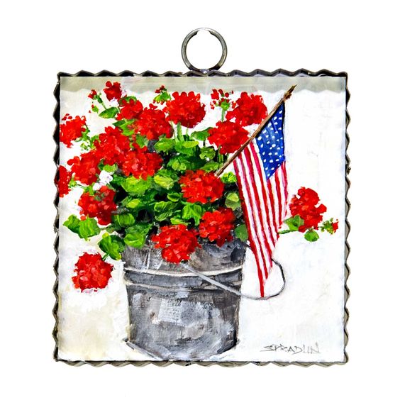 Tin Bucket of Geraniums with American Flag Wall Art