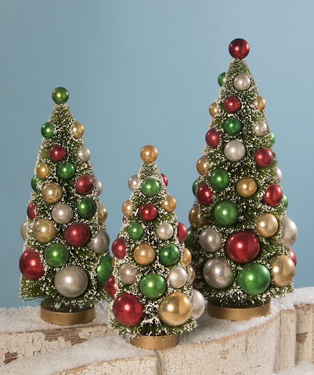 Traditional Bottle Brush Trees with Red, Green, Silver, and Gold Balls