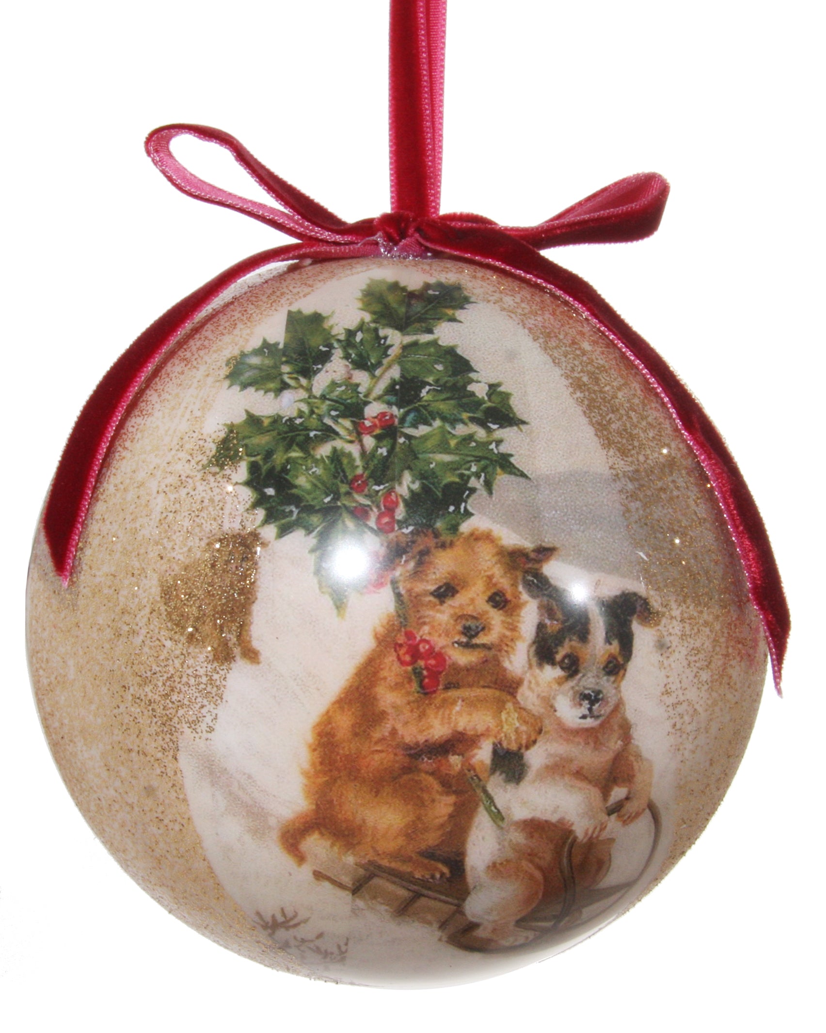 Victorian Christmas Decoupage Ball Ornament, Christmas Puppies Sledding Dogs