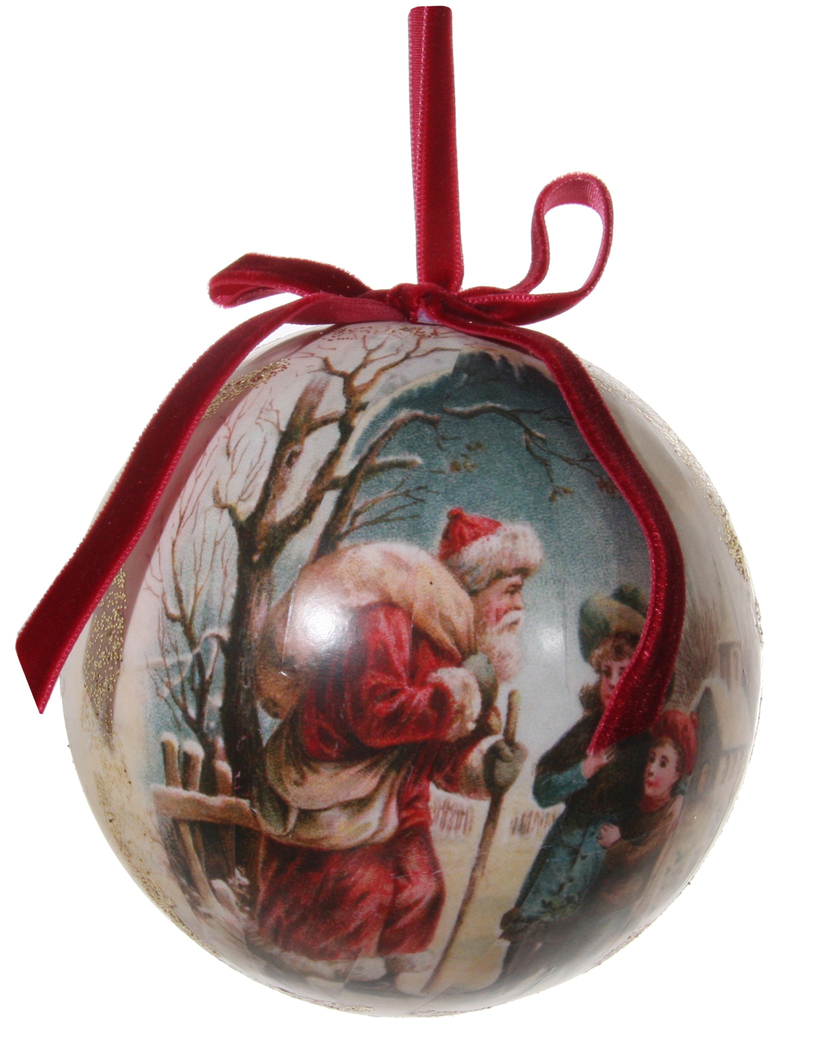 Victorian Christmas Decoupage Ball Ornament, Santa Bringing Gifts