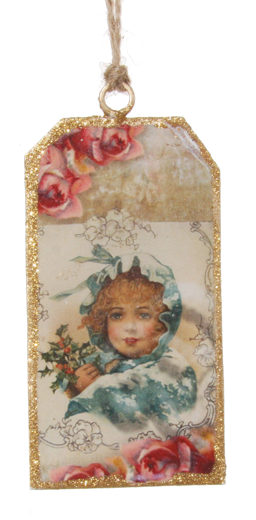 Victorian Christmas Postcard Ornament, Holly Girl - Pastel Pink and Turquoise Blue