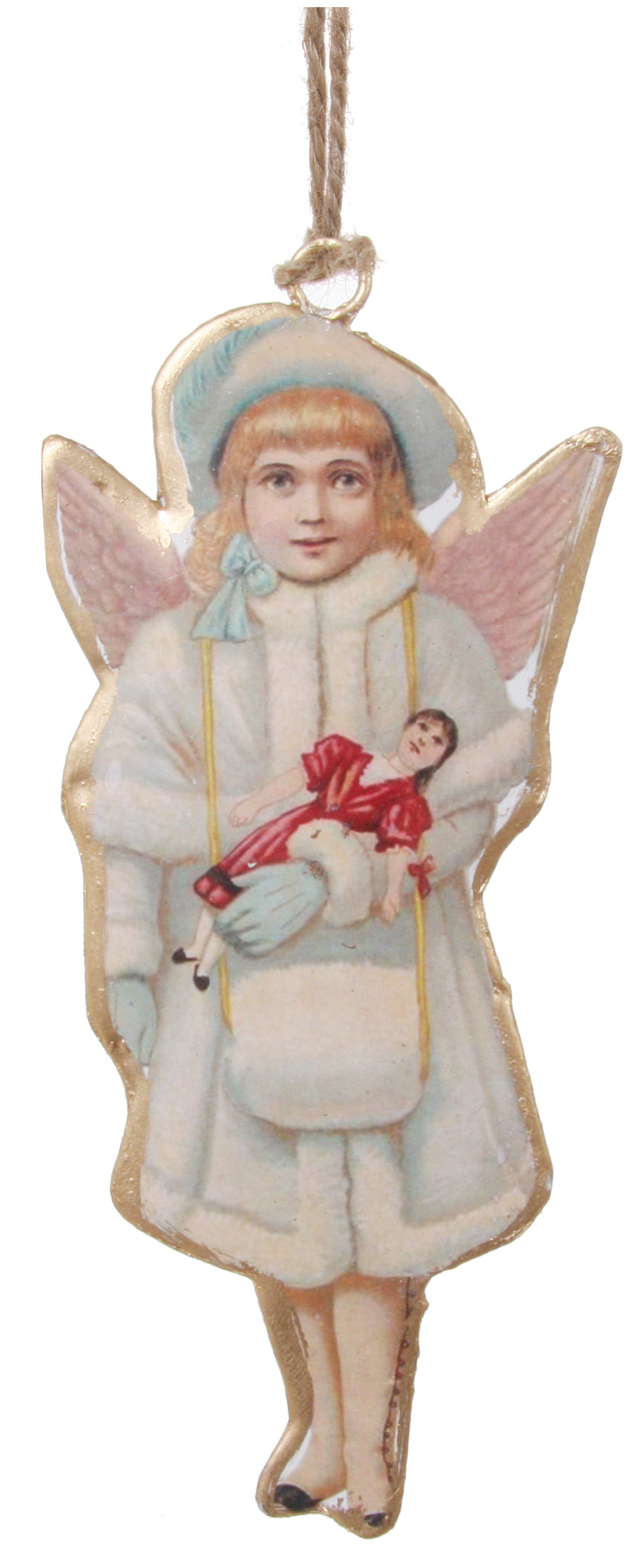 Victorian Girl Christmas Angel Ornament, Angel in Fur Coat and Muff Holding a Doll