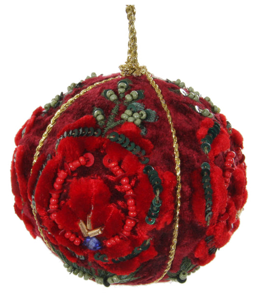 Victorian Velvet Rose Ball Ornament, Red - TheHolidayBarn.com