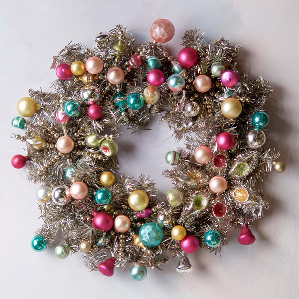Vintage Glam Ornament & Tinsel Wreath Antiqued Silver Pink Blue Green ...
