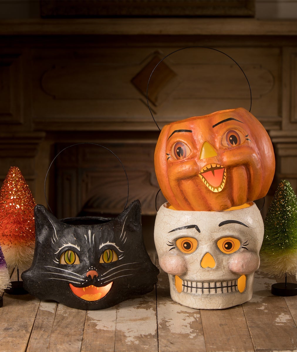 Vintage Style Hallloween Decorations, Cat, Pumpkin, Skull