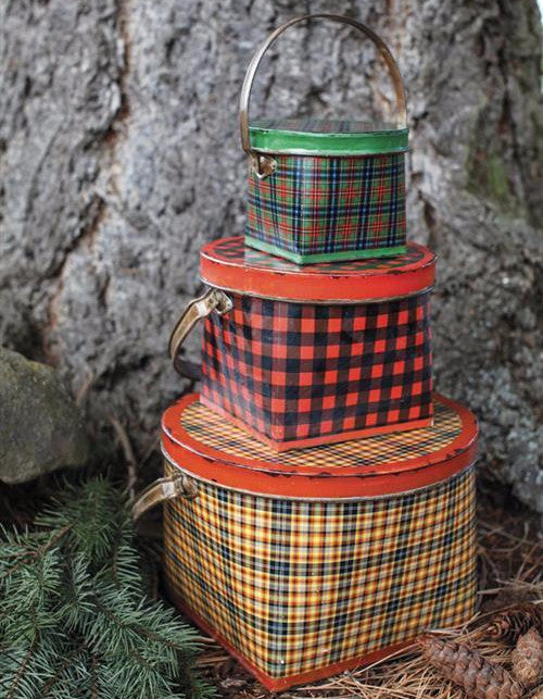 Vintage Plaid Tin Buckets with Lids
