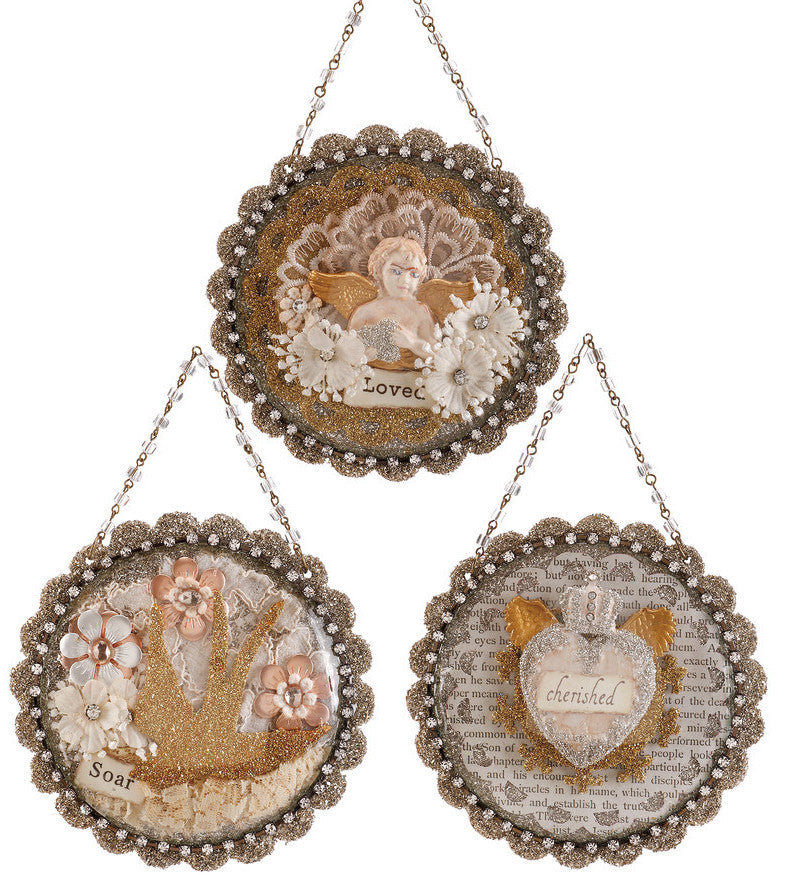 Vintage Romance Glittered Dome Ornaments with messages of  Love, Cherish, Soar