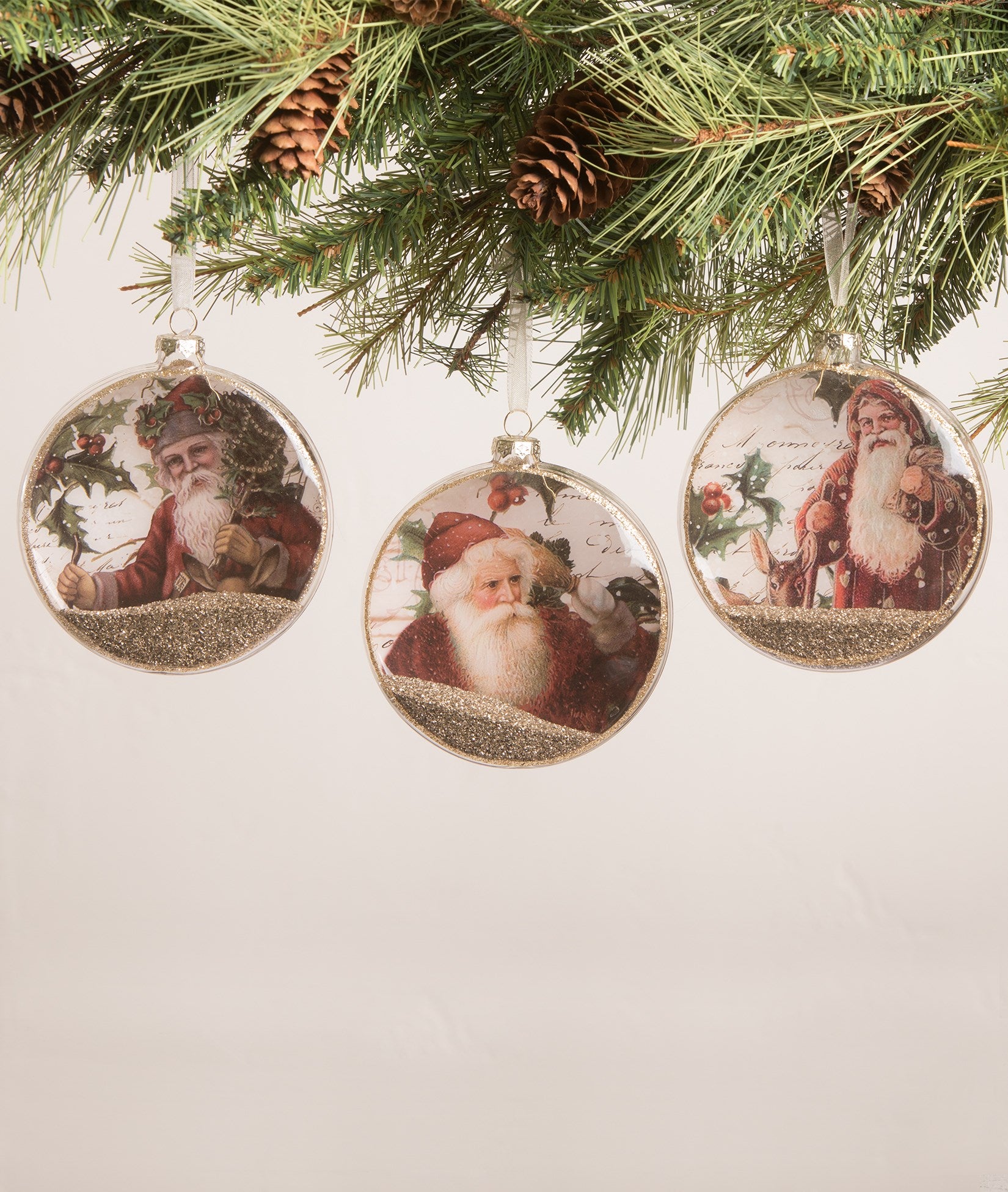 Vintage Santa & Holly Glass Disc Ornaments by Bethany Lowe