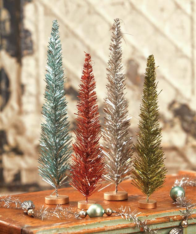 Vintage Pencil Tinsel Trees in Blue, Pink, Green and Silver