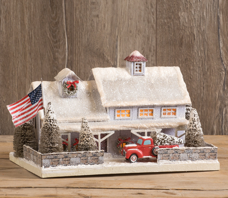 White American Farmhouse with Red Truck Putz House