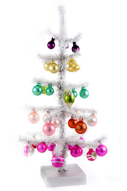 White Tinsel Tree Decorated with Colorful Glass Ornaments, 16.5"