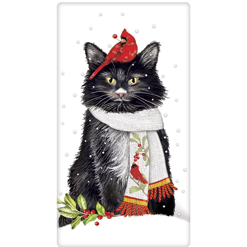 Winter Cardinal & Black Cat Flour Sack Towel by Mary Lake Thompson