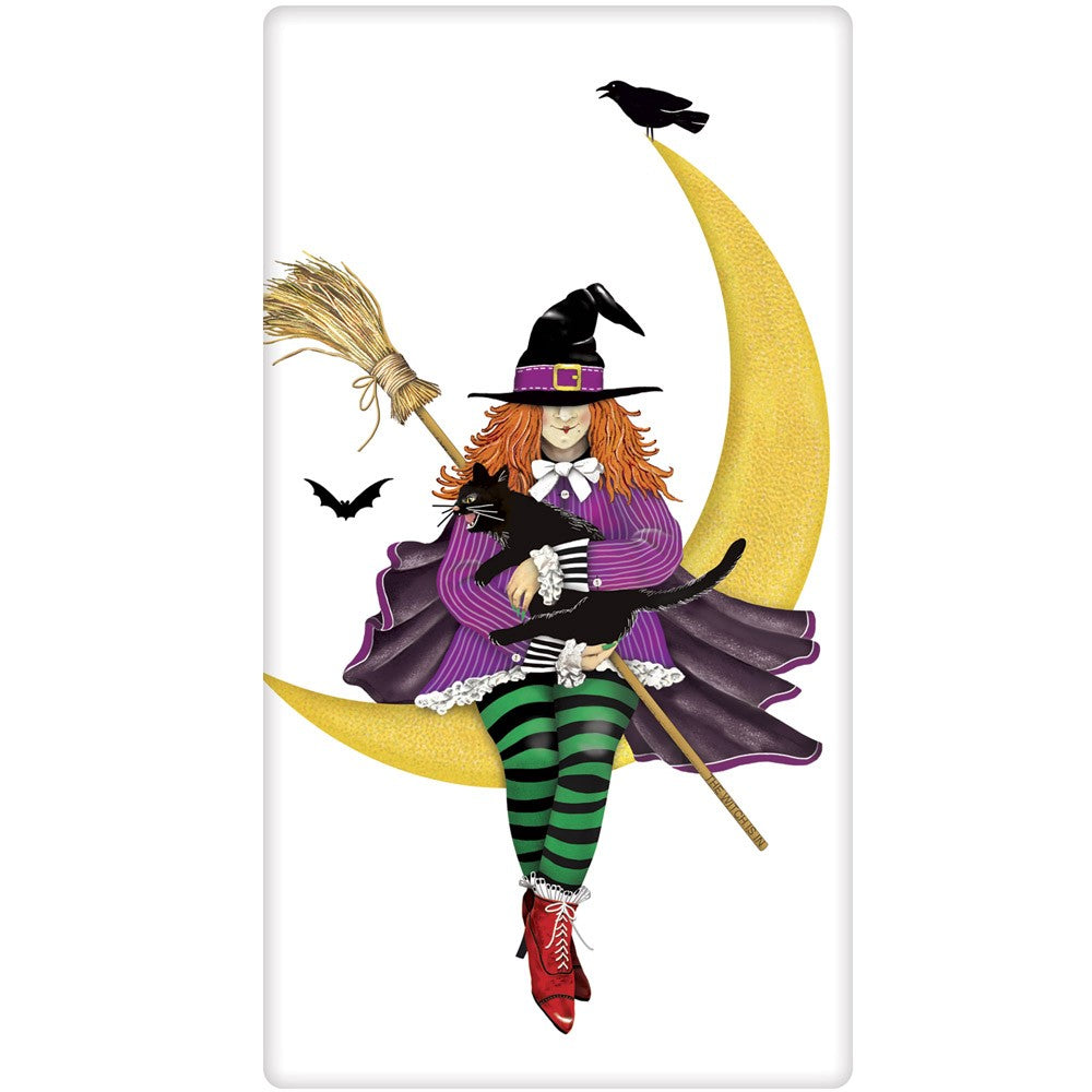Witch on Moon Towel - Hallowen Towels by Mary Lake-Thompson