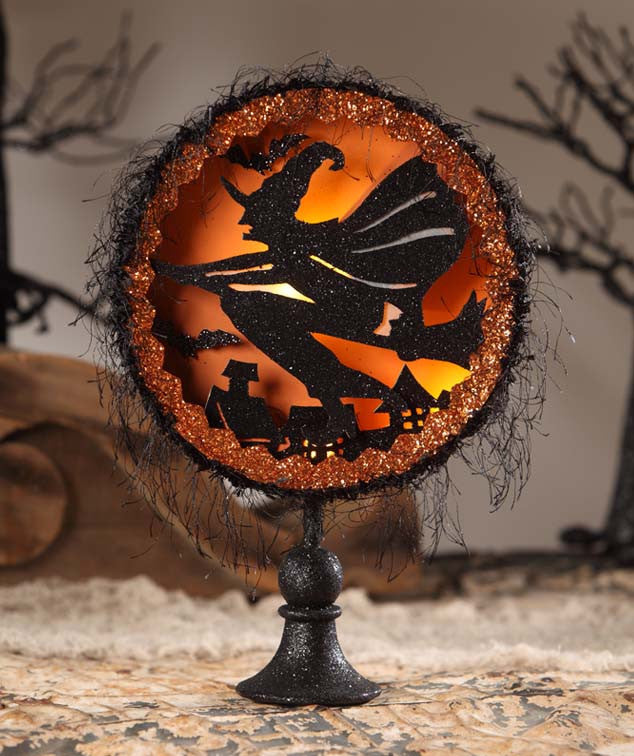 Witch's Flight Shadowbox on Pedestal with LED Light
