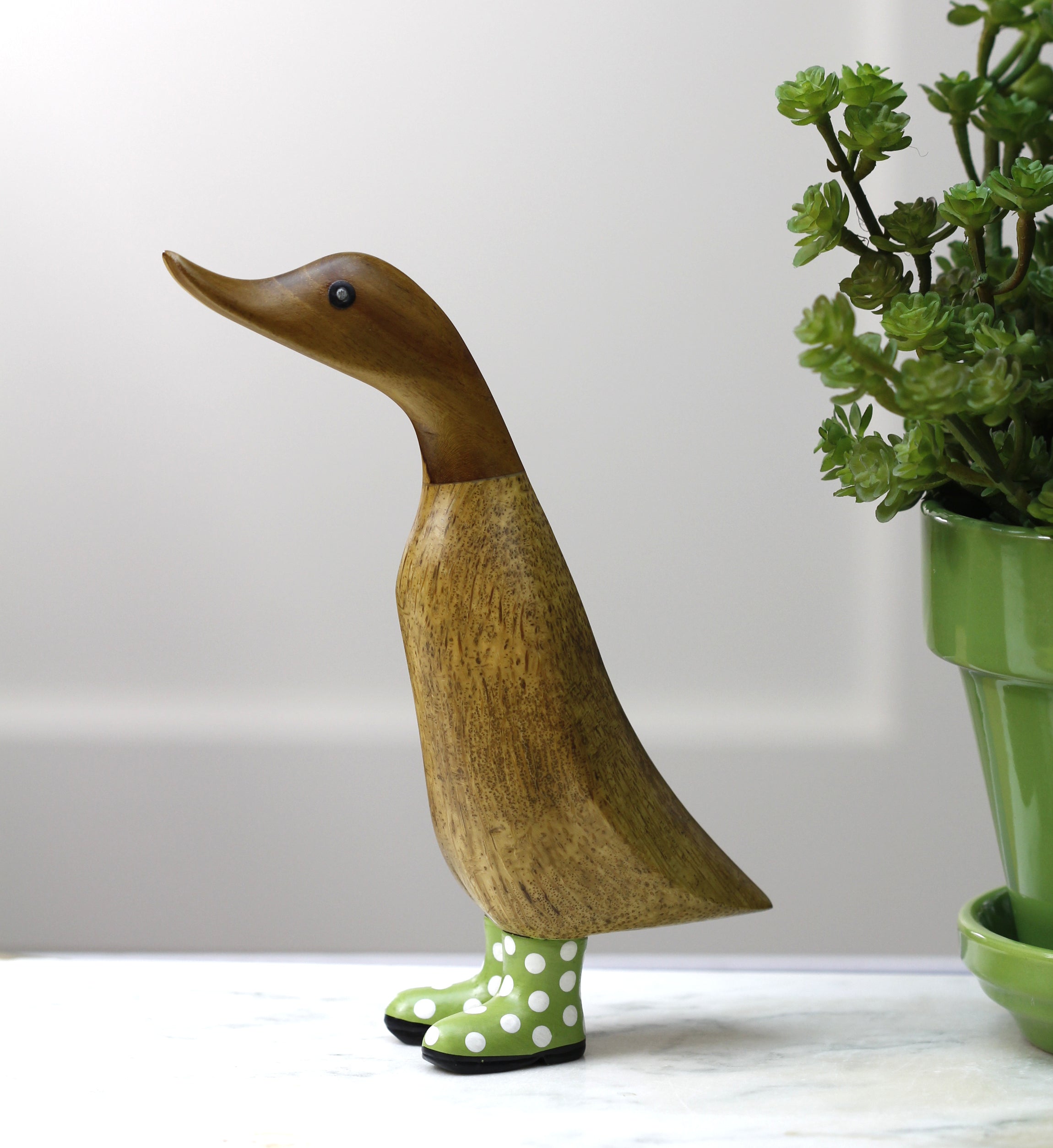 Wooden Duck in Green Polka Dot Welly Boots