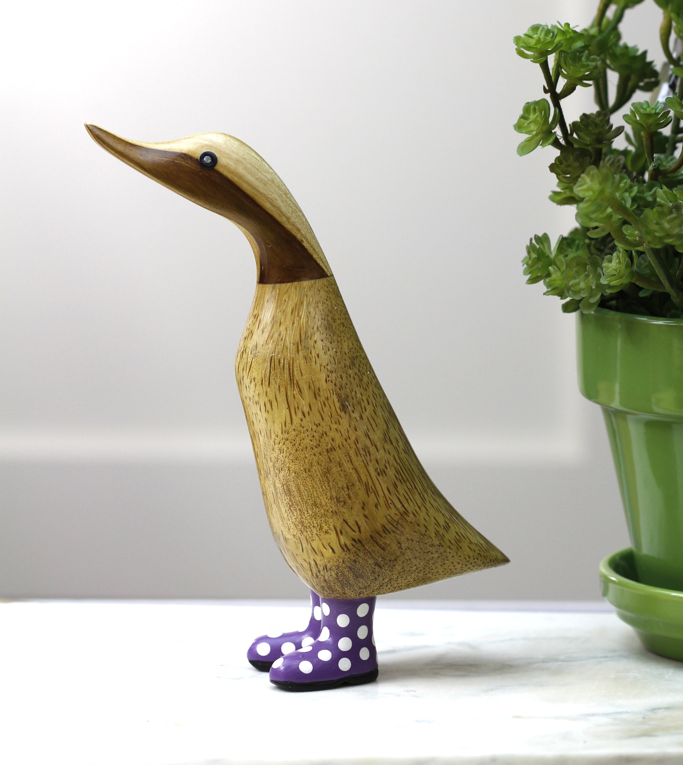 Wooden Duck in Purple Polka Dot Welly Boots