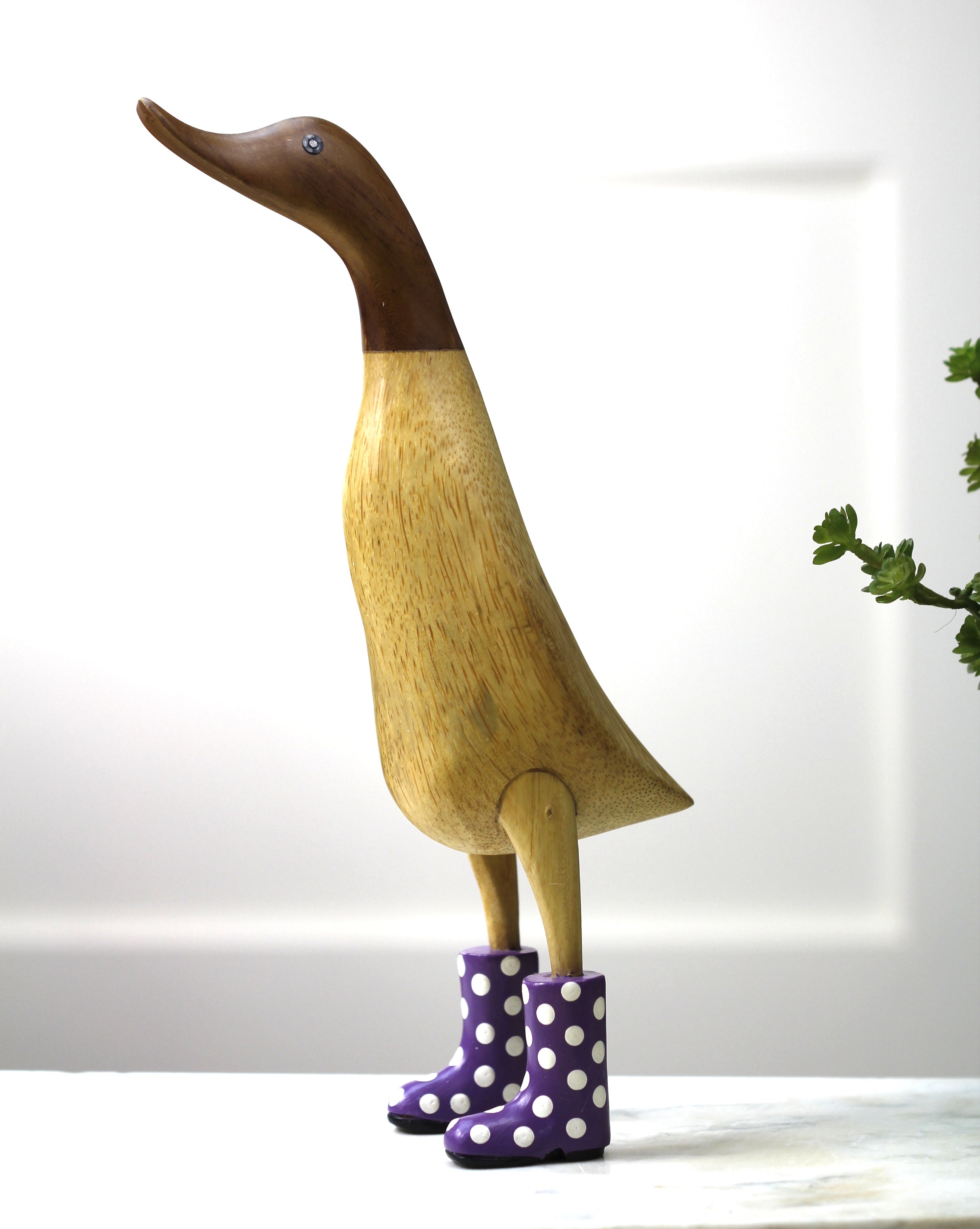 Wooden carved Duck Wearing Purple Polka Dot Welly Boots