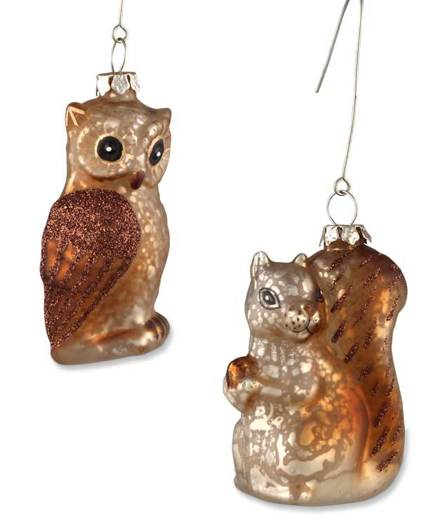 Woodland Critter Ornaments - Owl & Squirrel Glass Ornaments